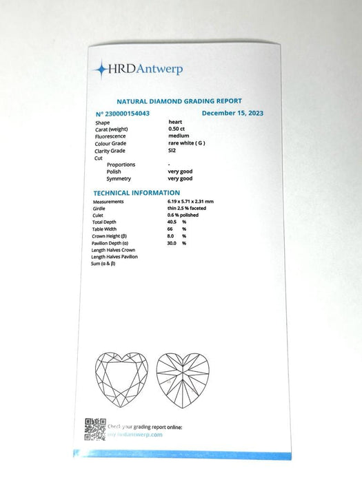 Gemstone Diamant 0,50ct taille cœur certifié HRD 58 Facettes