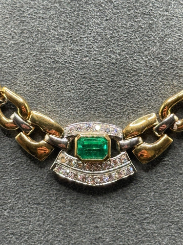 Collier Collier ras du cou en or jaune et blanc des années 1980 avec émeraude et diamants 58 Facettes