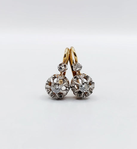 Boucles d'oreilles Dormeuses or jaune, diamants taille ancienne et diamant taille rose (circa 1900) 58 Facettes A05647