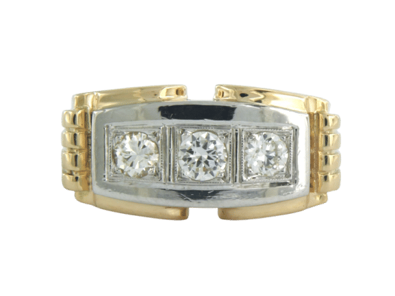 Anel bicolor em ouro, modelo Tank, cravejado com diamantes de corte antigo europeu 