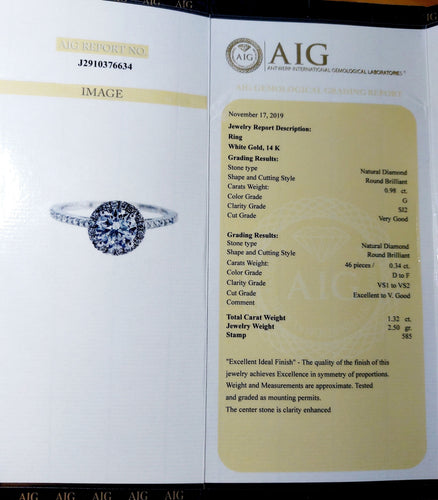 Bague solitaire or blanc, diamant 0,98 carat et certifcat AIG 58 Facettes A06225