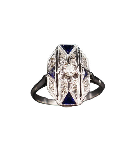 Bague 55.5 Bague Art Déco en or blanc, diamants et saphirs calibrés 58 Facettes B70-04