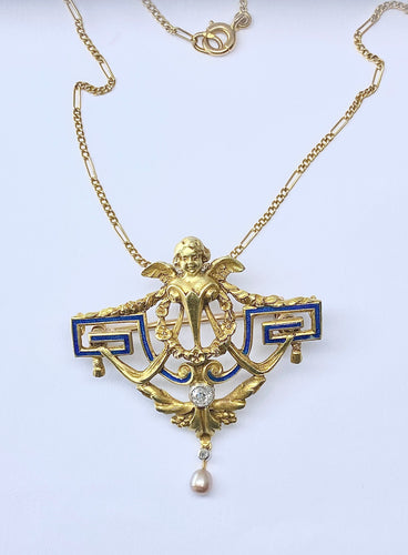 Broche Broche en or jaune 18 carats, ange, émail, diamants et perle. 58 Facettes AB557