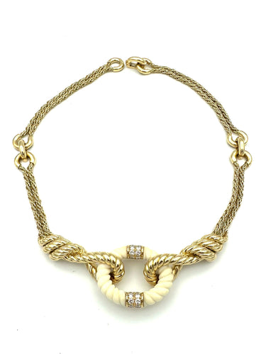 Collier VAN CLEEF & ARPELS. Collier vintage en or jaune 18K, ivoire et diamants 58 Facettes
