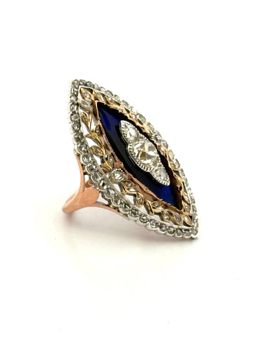 Prsten Belle Époque markýzové zlato a Stříbro, staré diamanty 