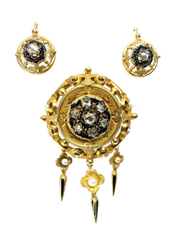 Boucles d'oreilles Parure : broche et boucles d’oreilles Email Diamants Perles 58 Facettes AB186