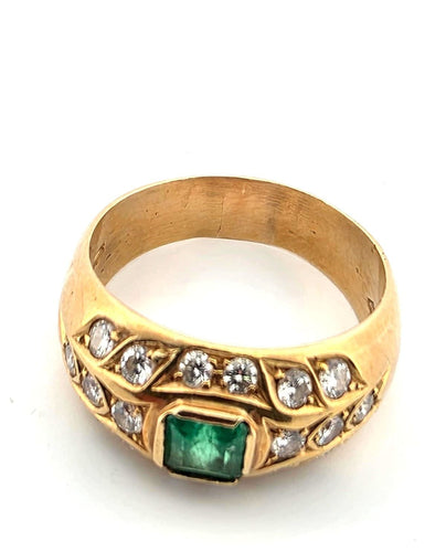 Bague 59 Bague couronne en or jaune 18k et diamants, émeraude taille carré 58 Facettes
