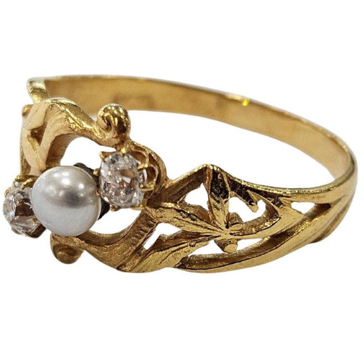 Bague Bague Art Nouveau diamants old mine et perle de culture en or jaune 18k 58 Facettes A834