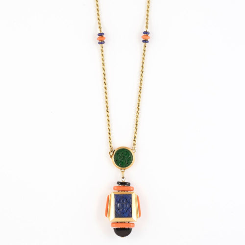 Collier Atelier Georges Lenfant - Exceptionnel Collier en or jaune lapis lazuli ,jade, nephrite, corail et onyx. 58 Facettes 58FC9