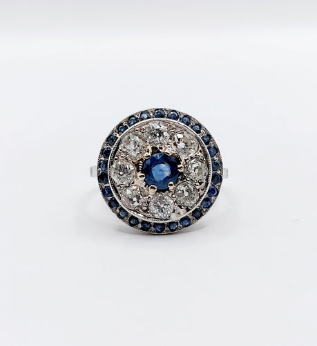 Ring 51 Zielring Art Deco in Platin, Saphir und Diamanten im Altschliff 58 Facettes A06489