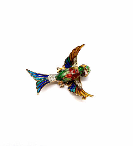 Broche Broche oiseau en or jaune 18K et platine, diamants, rubis, émail 58 Facettes 250002