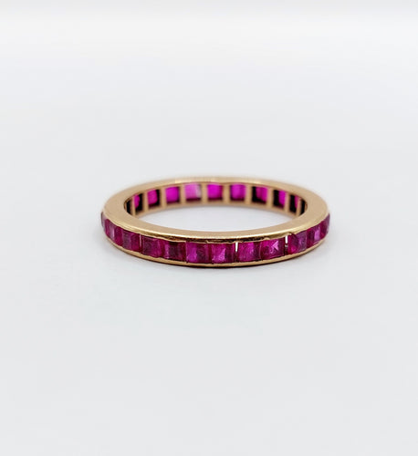 Vigselring amerikansk Art Deco roséguld, syntetiska kalibrerade rubiner 