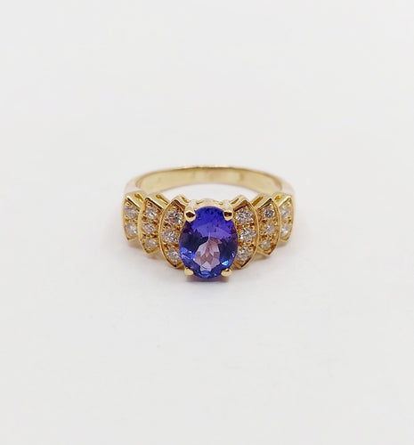 Bague 52 Bague jonc vintage en or 18k tanzanite 1,10 ct et diamants 58 Facettes B01020