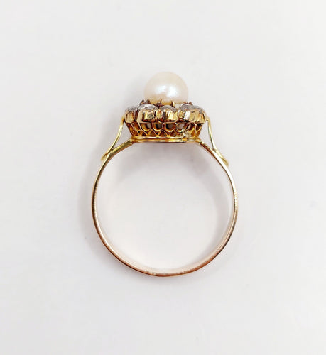 Bague 56 Bague marguerite antique or rose 18k perle et diamants taille roses (circa 1900) 58 Facettes A06199