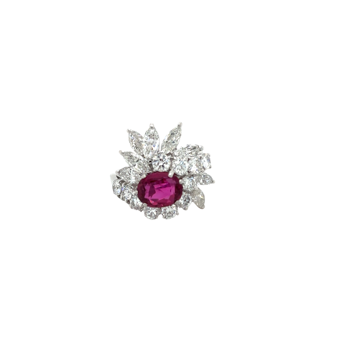 70s Cocktail Ring White Gold Ruby Diamonds