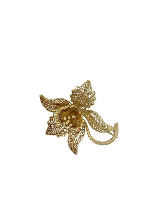 French brooche in yellow gold filigree with flowers