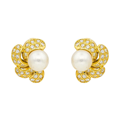 Øreclips i gult guld, diamant, kulturperle 
