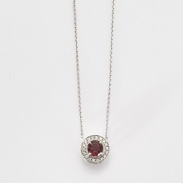 Collier Collier pendentif or blanc tourmaline rose diamants en halo 58 Facettes