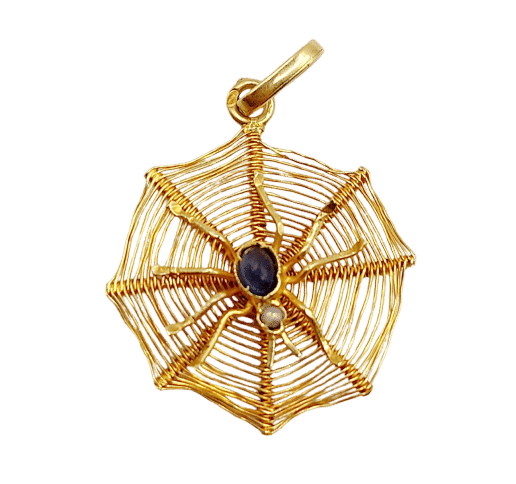 Pendentif vintage or jaune araignée sur sa toile, pierre bleue et perle 58 Facettes A06223
