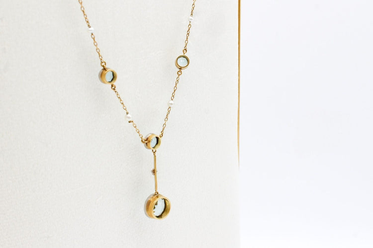 Antike Halskette aus Gelbgold und Platin, Aquamarinen und Perlen 