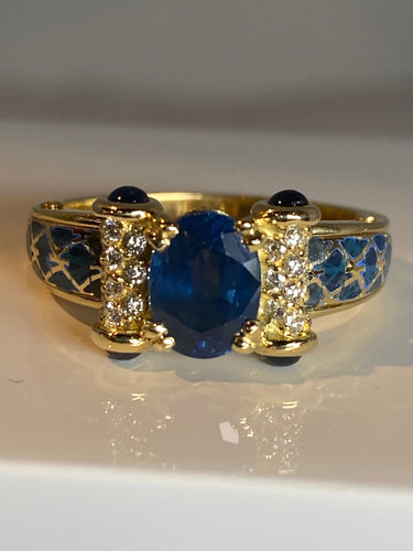 Bague 56 KORLOFF - bague saphirs, diamants, émail bleu 58 Facettes