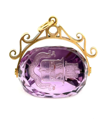 Pendentif Pendentif héraldique ancien en améthyste gravée et or 18 carats 58 Facettes
