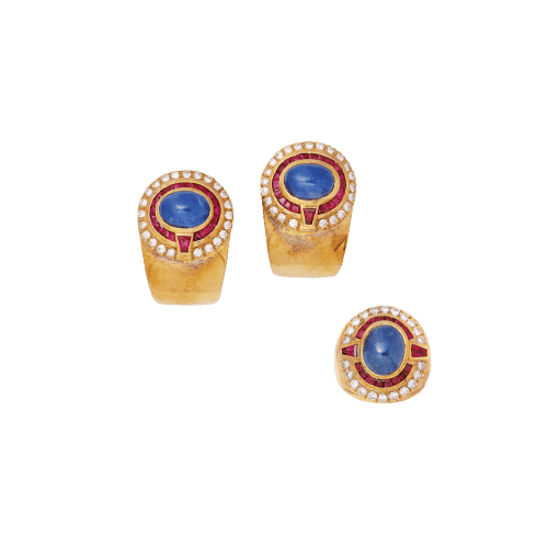 Bague 50 Ensemble de clips d'oreilles et bague Sabbadini en saphir, rubis et diamants 58 Facettes 22830