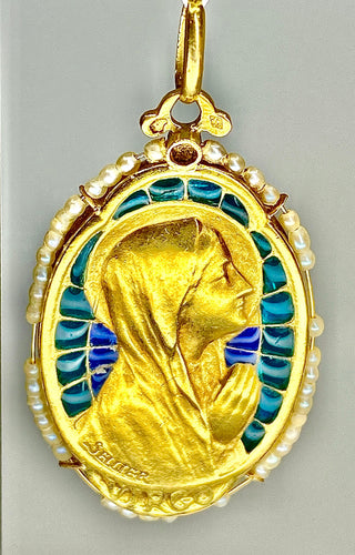 Pendentif Médaille vierge émail perles fines signée SELLIER 58 Facettes AB164