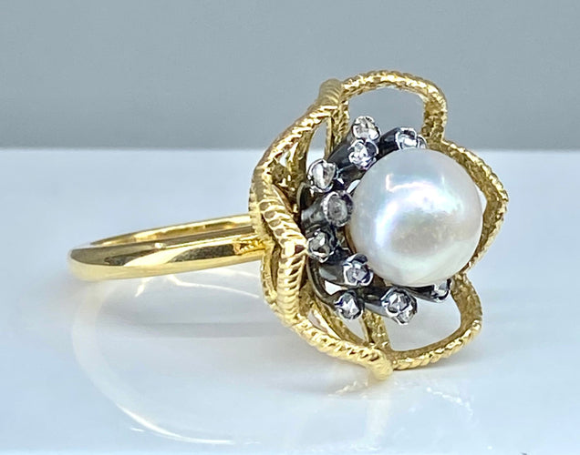 Bague 52 Bague or et argent perle fine et diamants 58 Facettes AB348