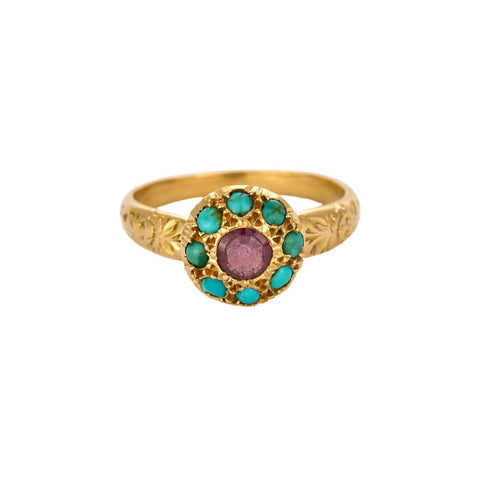 Bague 55 Bague or jaune ciselé, turquoise et pierre violette 58 Facettes EVR25714