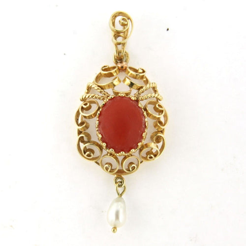 Pendentif Pendentif en or jaune serti de corail et de perles 58 Facettes