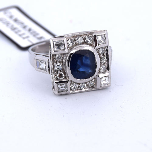 Bague 54 BAGUE DÉCO' - OR BLANC 18 KT - SAPHIR et DIAMANTS 58 Facettes