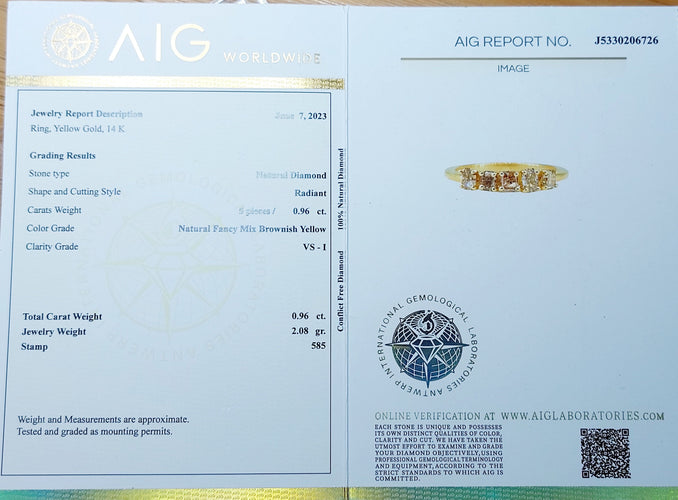 Bague 52.5 Demi alliance vintage or 14k et 0,95 carats diamants radiant Fancy Yellow 58 Facettes A06113