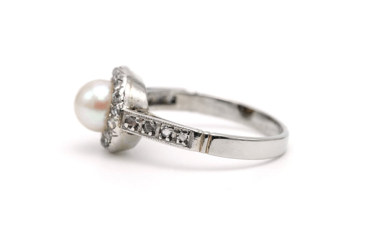 Bague 49 Bague Art Déco en or blanc sertie d'une perle et de diamants taille rose 58 Facettes B730