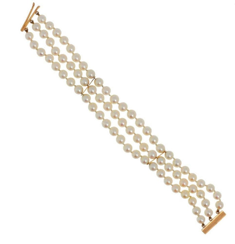 Bracelet Bracelet trois rangs de perles de culture, fermoir et liens or rose 58 Facettes