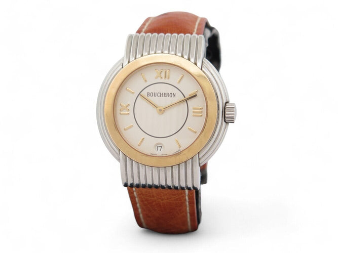 Montre montre BOUCHERON solis or 18k & acier bracelet croco autruche quartz 58 Facettes 270502