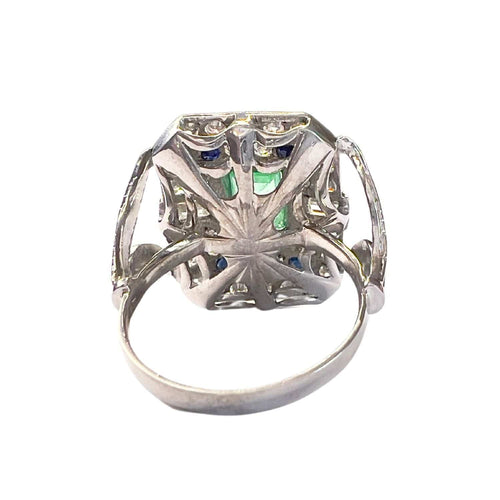 Bague 56 Bague en platine de style Art Déco avec diamants, saphirs et émeraude 58 Facettes Q72B (923)