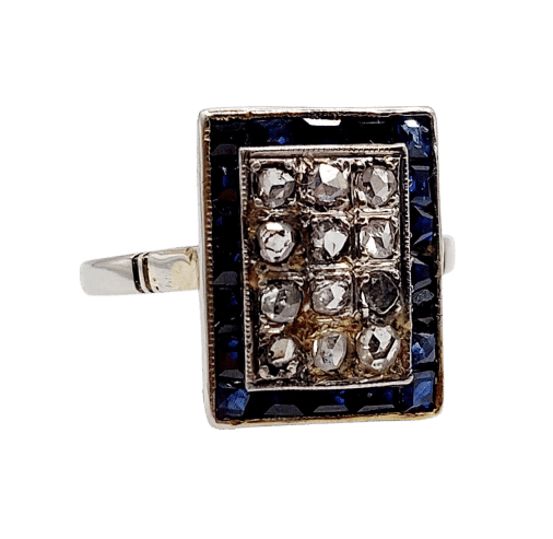 Pierścionek marquise art déco z białego złota 18k z diamentami i szafirami kalibrowanymi (około 1920) 