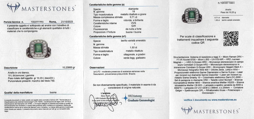 Bague 55 Bague en or blanc avec une émeraude brésilienne de 1,50 ct et des diamants 58 Facettes 14187