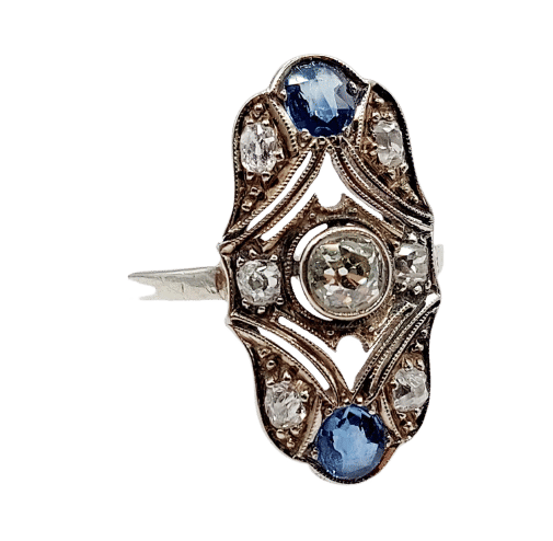 Ring 55 Marquise-Ring Art Deco aus 14k Weißgold mit Diamanten, Saphiren 58 Facettes A06615