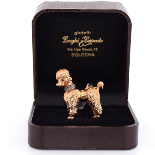 Broche Spilla vintage barboncino en or jaune 18 kt avec rubis et diamants 58 Facettes