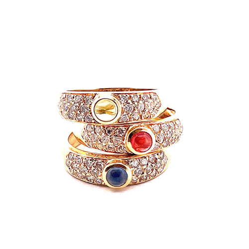 3 rings in 18-carat yellow gold, natural diamonds and precious stones 
