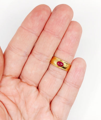 Bague jonc vintage Art Déco or jaune, cabochon de rubis 58 Facettes A06209