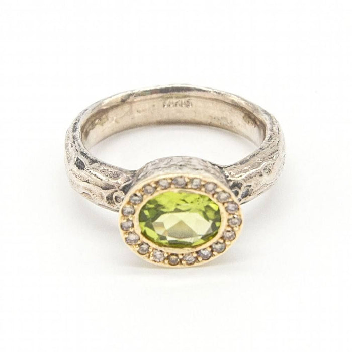 Silber- und Goldring mit Diamanten und Peridot