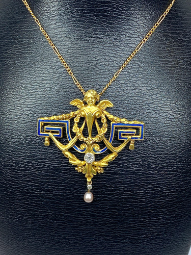 Broche Broche en or jaune 18 carats, ange, émail, diamants et perle. 58 Facettes AB557