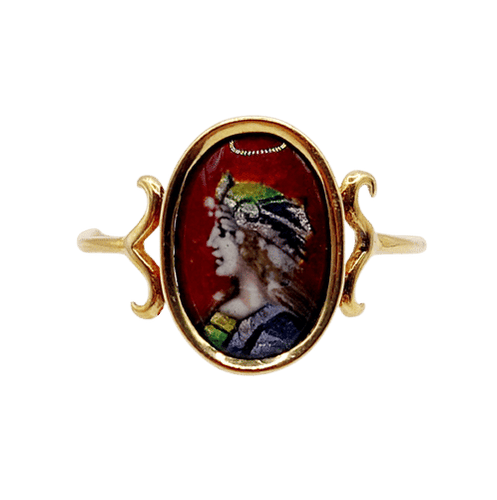 Bague 57 Bague Art Nouveau Limoges or jaune, plaque émaillée à la jeune fille (circa 1910) 58 Facettes A06342