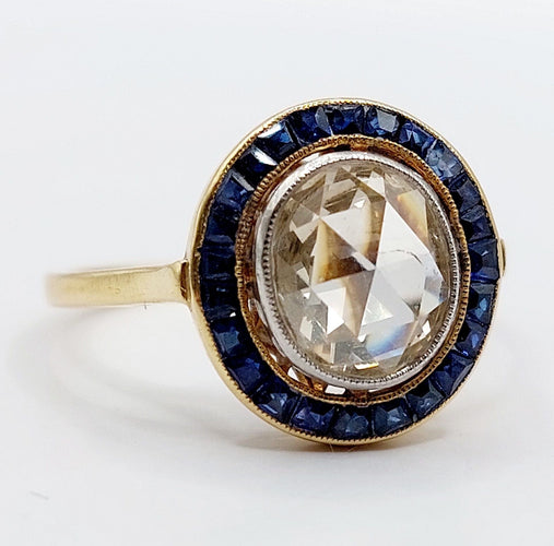 Bague 55 Bague cible antique en or 18k et platine, diamant taille rose et saphirs 58 Facettes A06655