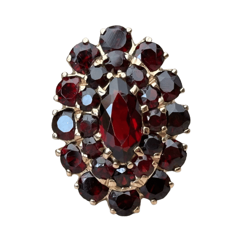 Anel marquesa em ouro rosa, granadas 