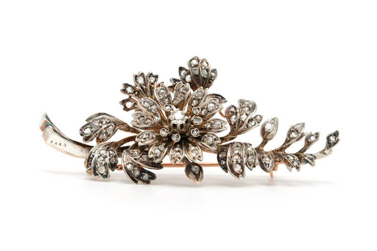 Broche Broche Art Nouveau en or jaune 18 carats et argent sertie de diamants ancienne taille et rose 58 Facettes 23169