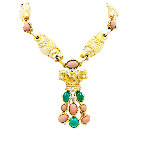 Boucles d'oreilles Demi-parure "Lions" transformable, or jaune, diamants, corail, chrysoprase. 58 Facettes 35286